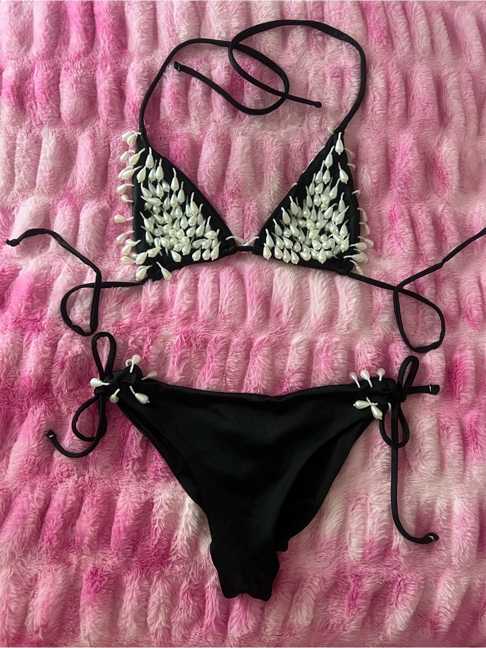 Black Bikini Set with White Bead Embellishments